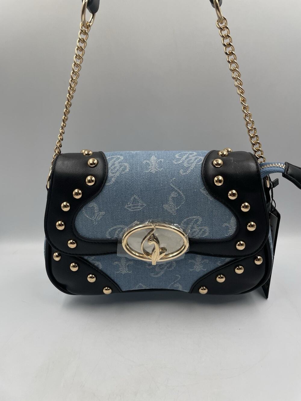 Baby Phat Denim Monogram Studded Shoulder Bag Chain Strap Black Trim Gold